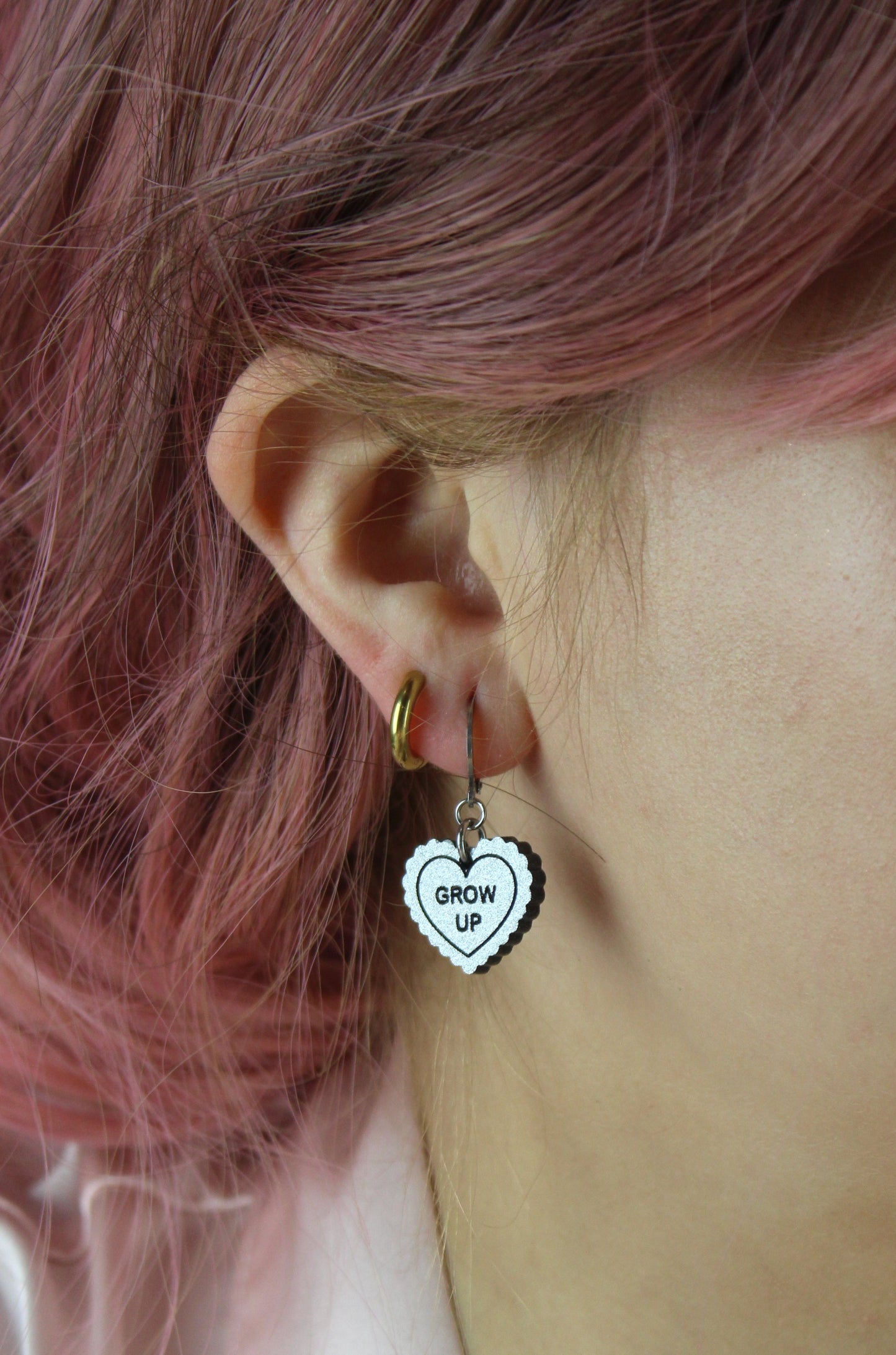 "Grow Up" Loveheart Huggie Hoop Earrings - Silver