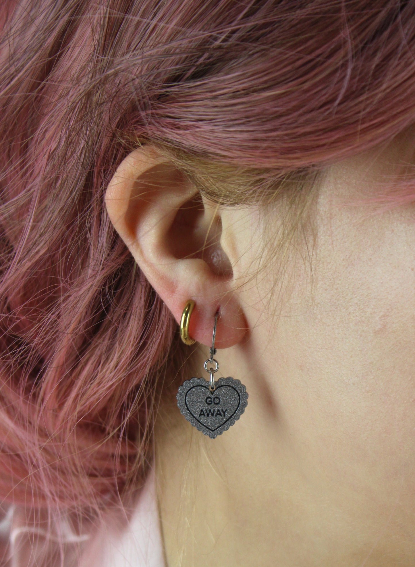 "Go Away" Loveheart Huggie Hoop Earrings - Silver