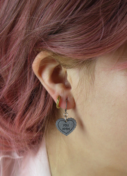 "You Wish" Loveheart Huggie Hoop Earrings - Silver