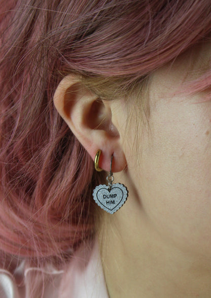 "Dump Him" Loveheart Huggie Hoop Earrings - Silver