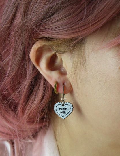 "Dump Her" Loveheart Huggie Hoop Earrings - Silver
