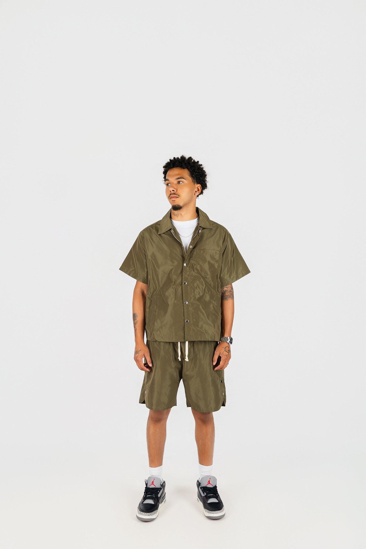 Nylon Button Up and Side Snap Button Nylon Shorts Set