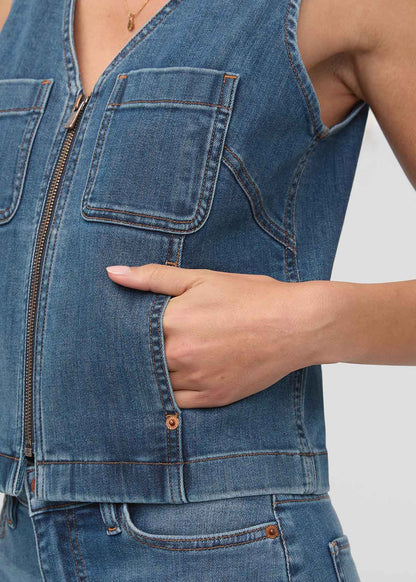 Performance Denim Zip Front Vest - Blue Ash