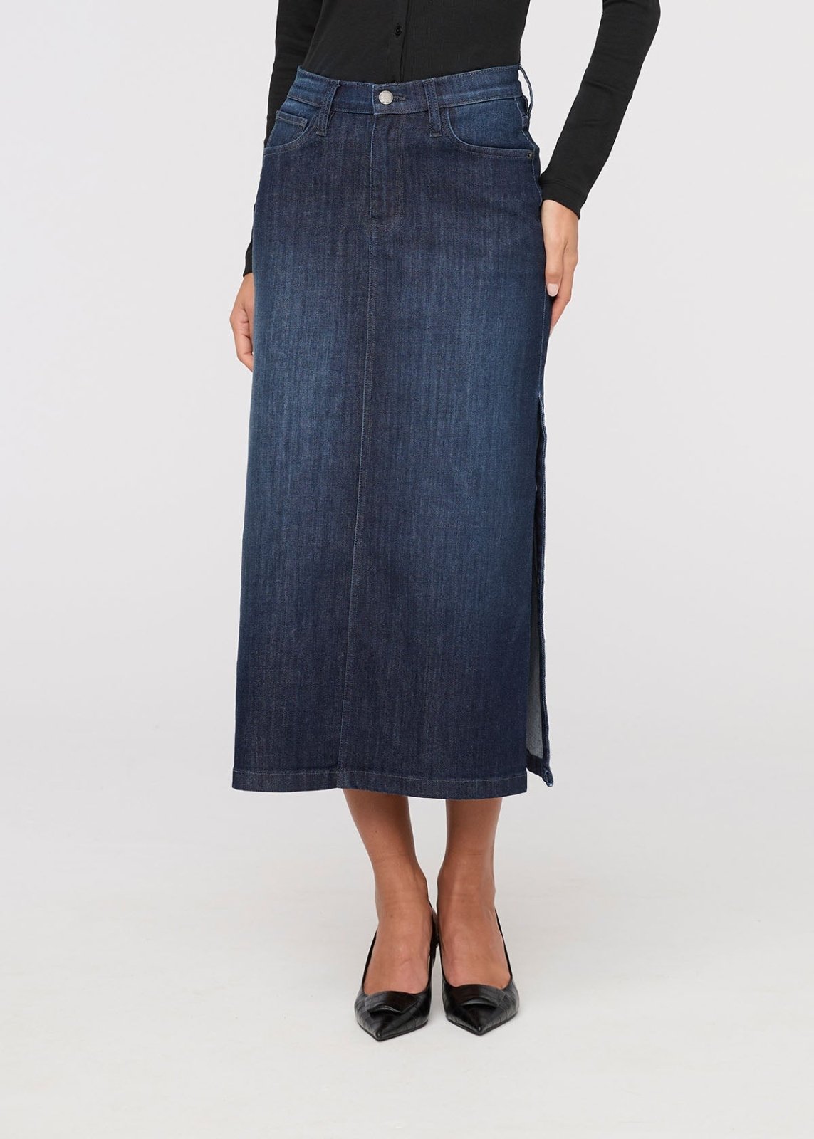 Performance Denim Slit Skirt - Dark Stone