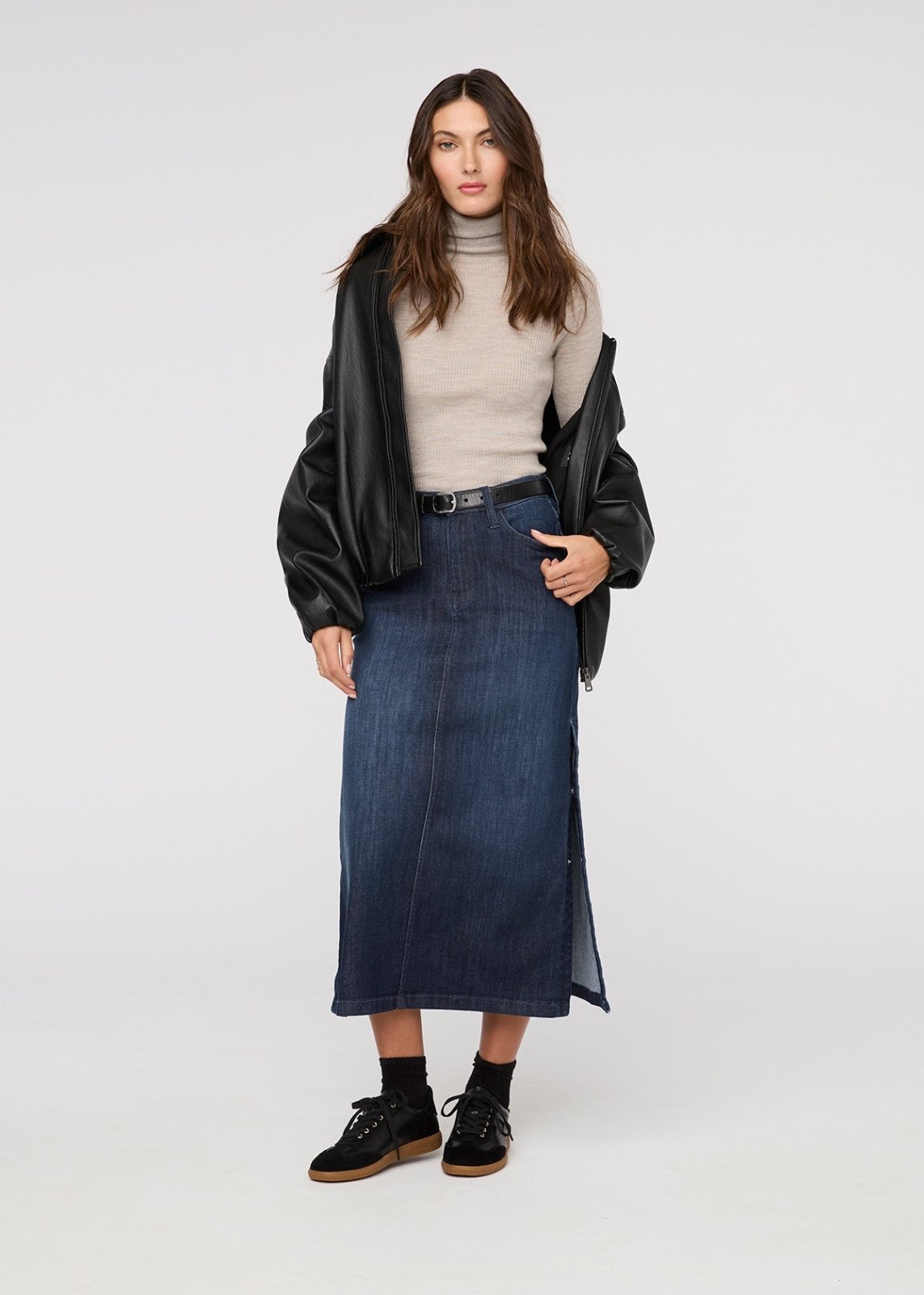 Performance Denim Slit Skirt - Dark Stone