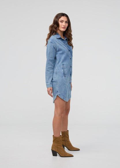 Performance Denim Lite Shirt Dress - Washed Indigo
