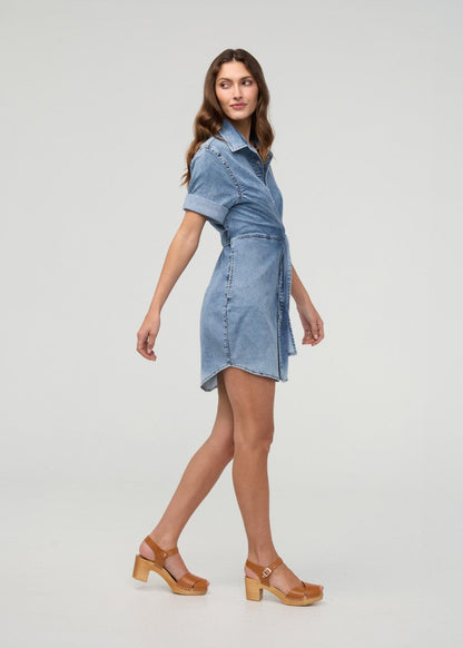 Performance Denim Lite Wrap Shirt Dress - Light Stone