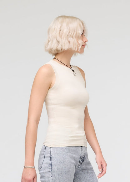 Ribbed Pima High Neck Tank - Ecru