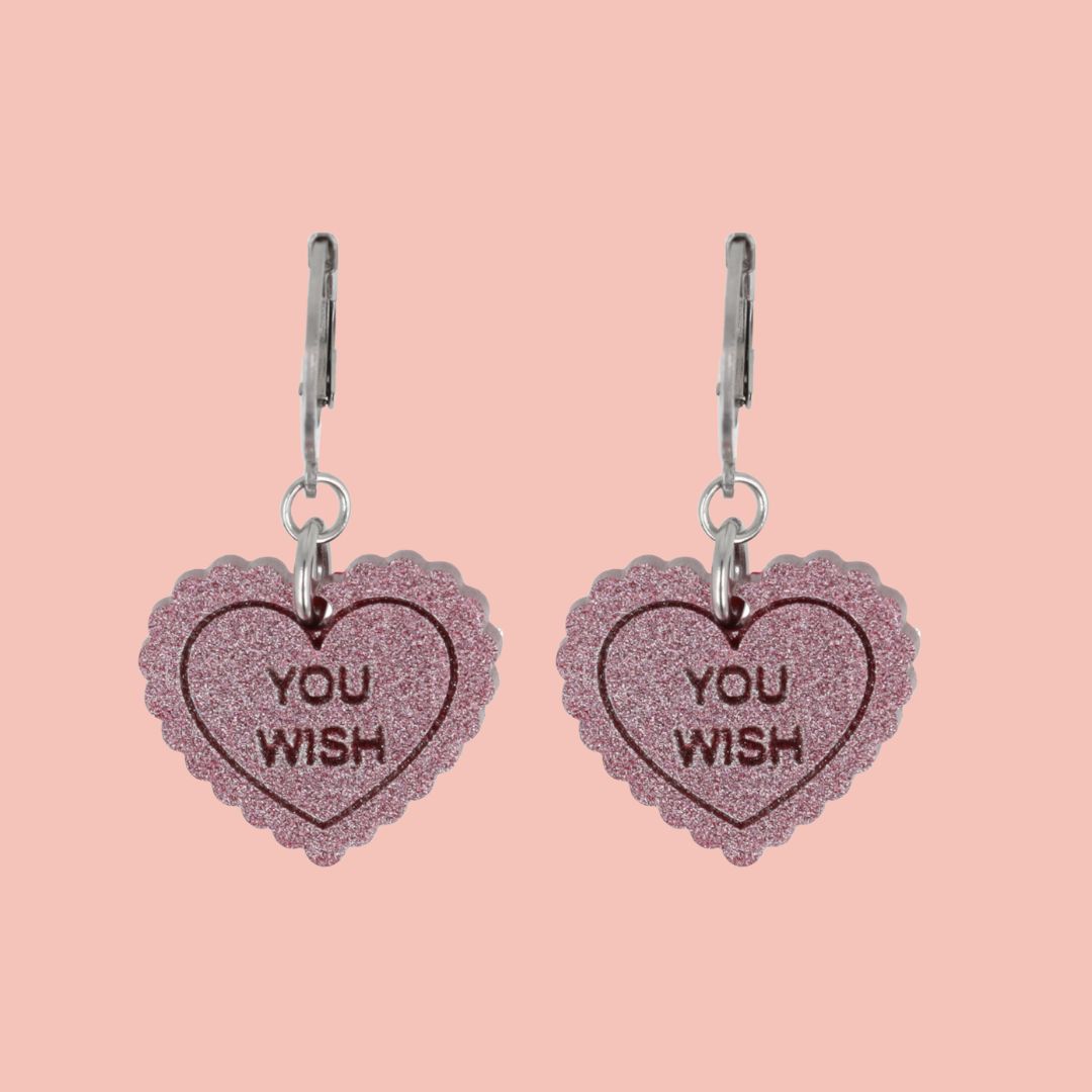 "You Wish" Loveheart Huggie Hoop Earrings - Pink