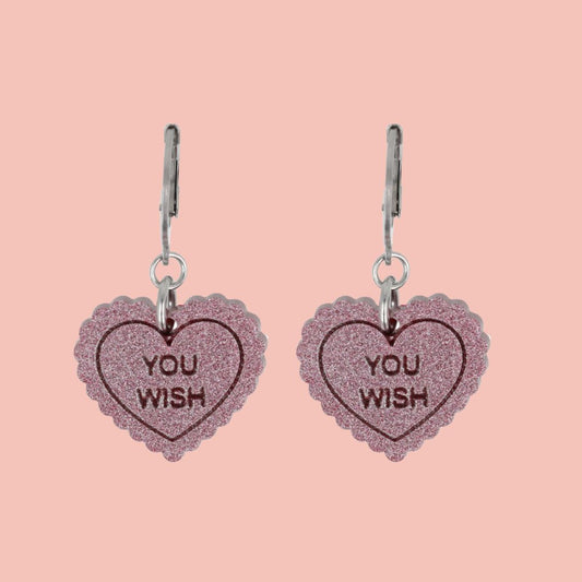 "You Wish" Loveheart Huggie Hoop Earrings - Pink