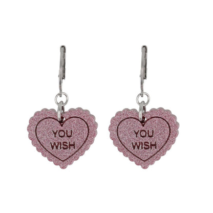 "You Wish" Loveheart Huggie Hoop Earrings - Pink