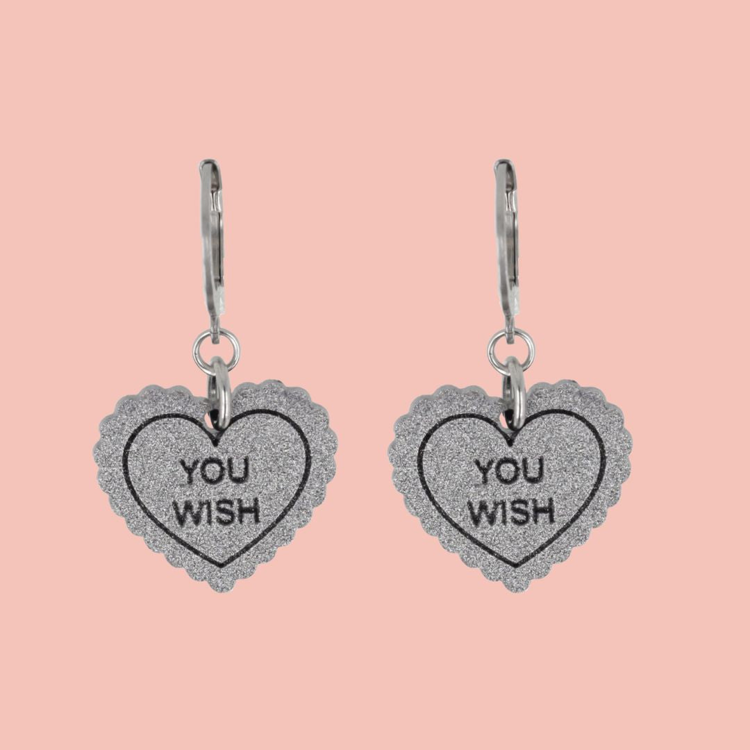 "You Wish" Loveheart Huggie Hoop Earrings - Silver