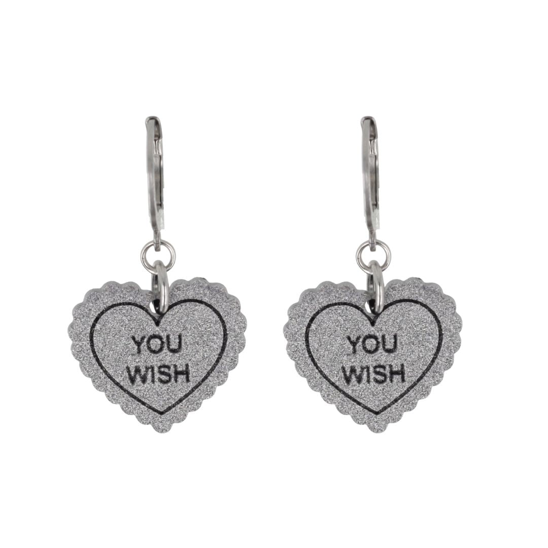 "You Wish" Loveheart Huggie Hoop Earrings - Silver