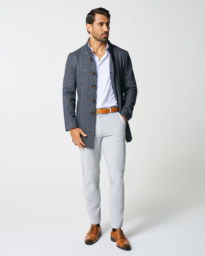 Open Button Overcoat - Navy & Grey Chevron