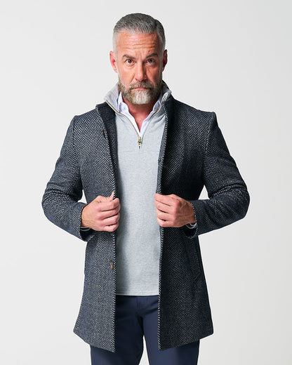 Open Button Overcoat - Navy & Grey Chevron