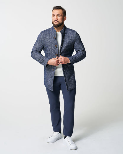 Open Button Overcoat - Navy Herringbone