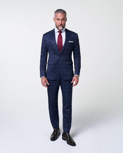 Athletic Fit Stretch Suit Pants - Navy & Maroon Windowpane