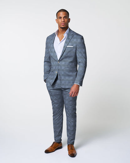 Athletic Fit Stretch Blazer - Knit Light Blue, Navy & White Plaid