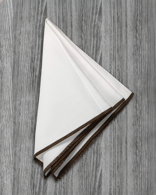 Pocket Square - White With Dark Brown Edge Stitch