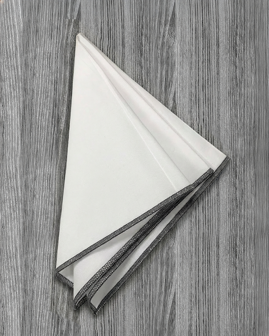 Pocket Square - White With Dark Grey Edge Stitch