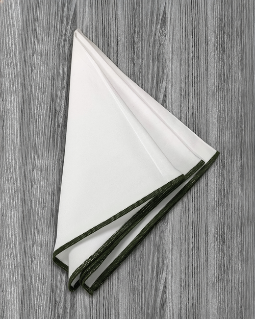 Pocket Square - White With Dark Olive Edge Stitch