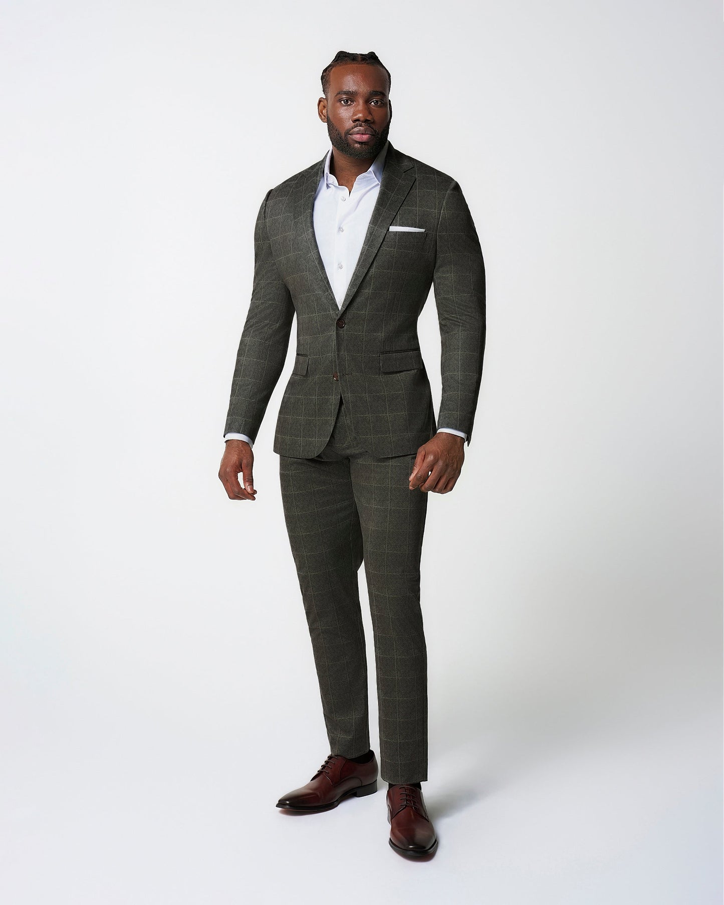 Athletic Fit Stretch Suit Pants - Olive with White Windowpane