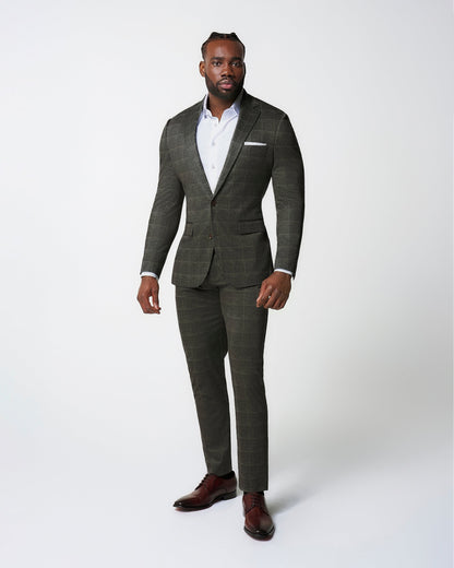Athletic Fit Stretch Suit Pants - Olive with White Windowpane