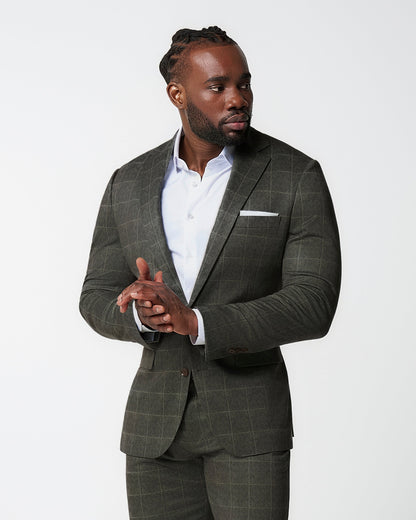 Athletic Fit Stretch Suit - Olive with White Windowpane