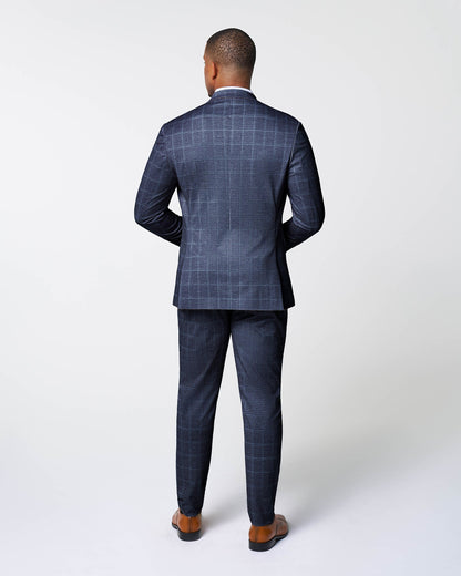 Athletic Fit Stretch Suit - Textured Navy with White Windowpane